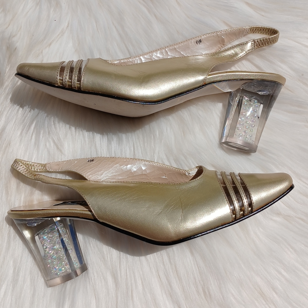 Vintage Bead Filled High Heels Gold Shoes size 6.5 6 1/2 J. Renee Pearl Beaded